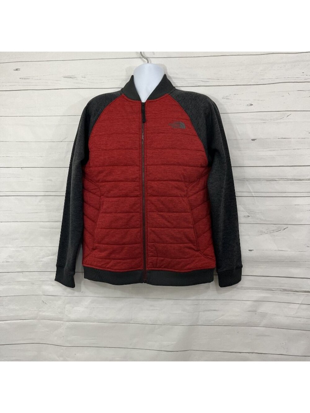 The North Face Mens Red Gray Full Zip Quilted Pockets Jacket